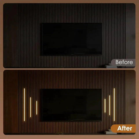 Before and after installation of Six Piece Slat Wall Light Kit For Wood Panels With Adhesive Black LED Strips, 3000K warm lighting.