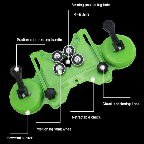Green Drill Bit Hole Saw Guide For Ceramic Tile And Glass with adjustable centering locator, visible suction cups and bearings.