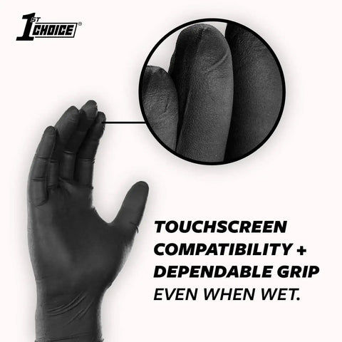 XXL Black Nitrile Gloves 5 Mil Food Grade Latex Free Powder Free Case Of 1000 show touchscreen compatibility and grip