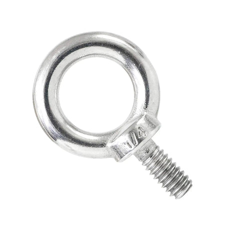 Close-up of 4 Pack 316 Stainless Steel One Quarter Inch UNC Eye Bolts With Shoulder Lifting Rings, threaded.