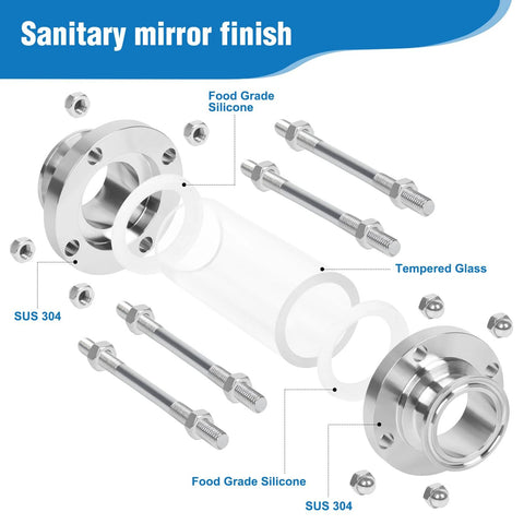 JMCOLMT 1.5in in-line sanitary sight glass with stainless steel Tri-Clamp flanges and tempered glass tube