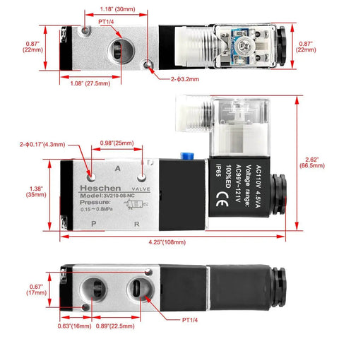 Heavy Duty Electrical Pneumatic Solenoid Valve 3V210-08-NC 110V AC Pilot-Operated Single Coil, PT1/4 Port, measurements shown