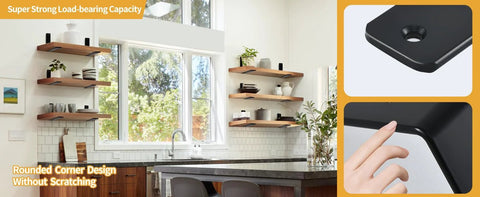 Kitchen wall with Four Pack L Shaped Shelf Brackets 6 Inch Long by 4 Inch High by 1.5 Inch Wide 5mm Thick Matte Black Iron Heavy Duty Shelf Supports.