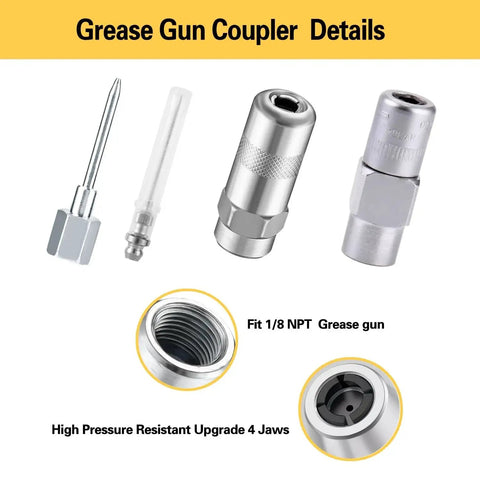 All In One 17 Piece Grease Gun Accessory Kit With Quick Connect Coupler 90 Degree Adapter 12 Inch Spring Flex Hose Zerk Fittings Cleaning Tool And More Compatible With All One Eighth Inch NPT Grease Guns For Quick Easy Lube Jobs showing details of components and metal couplers.
