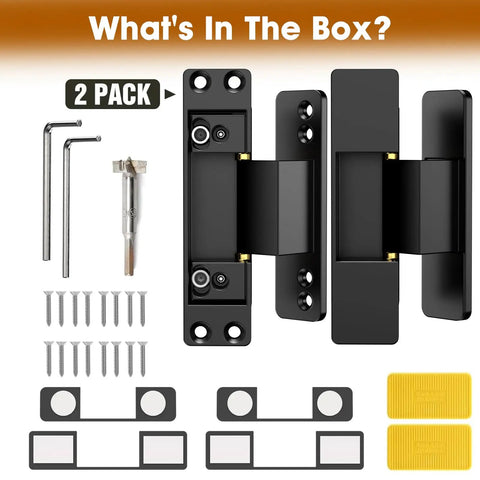 Invisible Hidden Door Hinge Kit For Concealed Doors And Feature Walls Featuring 110 Degree Swing And 2 Way Adjustable Butt Hinges Black Four Point Five Inch Matte Lipshome, showing kit contents including hinges, screws, and tools.