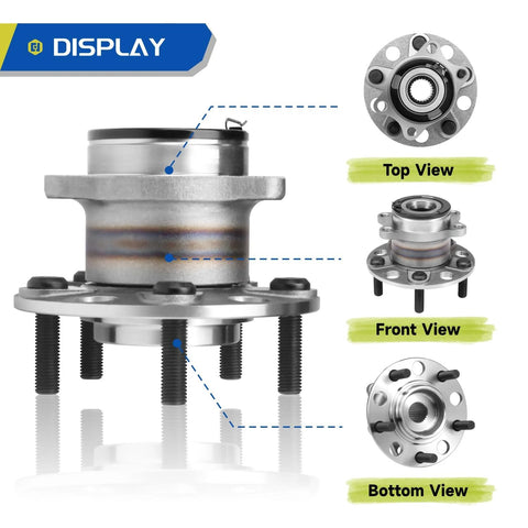Rear Wheel Bearing Hub Assembly 512518 Two Pack for 2014 2018 Subaru Forester 2016 2021 Crosstrek 2012 2021 Impreza 2013 2015 XV Crosstrek Five Lug With ABS OEM Grade Replacement, front, top, and bottom views