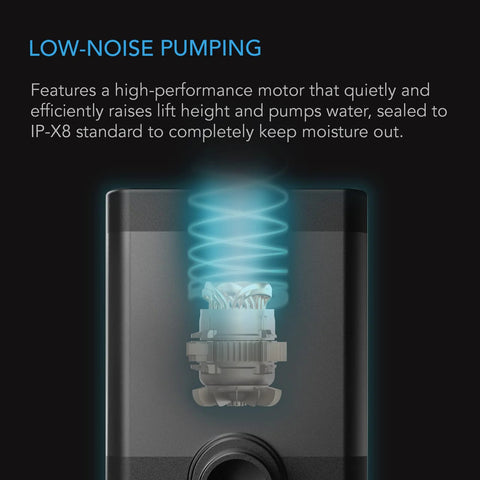AC Infinity submersible water pump cross-section with glowing blue motor coils (792 GPH)
