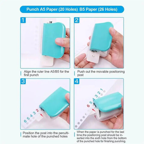 Steps to use Six Hole Handheld Metal Hole Punch Tool, 6mm Punch, for Notebooks, Scrapbooks, and DIY Projects, durable and easy to use.