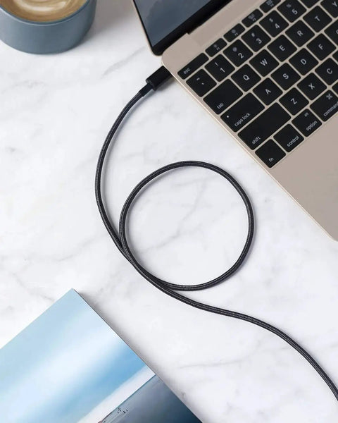 USB A To USB C Cable 2 Pack 3ft Durable Nylon Braided Fast Data Sync connected to laptop on table