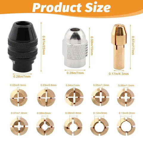Image showing product size of All In One Keyless Drill Chuck Collet Set For Rotary Tools 1/32 To 1/8 Inch Shanks Replacement Kit components.