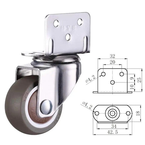 1 Inch L Shaped Plate Swivel Casters Four Pack With Ball Bearing Side Mount Plate 360 Degree Rotation Thermoplastic Rubber Wheel Metal Housing 80 Lbs Capacity Each Caster Great For Carts Furniture Tool Boxes, including technical diagram