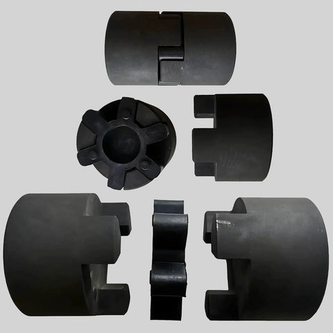 Eight Pieces L99 L100 Jaw Coupling Inserts Red Urethane Flexible Solid Type Center Inserts For L Jaw Couplings Inner Diameter 25 Mm Outer Diameter 63 Mm Delivers Smooth Power Transfer And Vibration Dampening In CNC Machines. Black jaw coupling inserts assembled in various configurations on gray background.