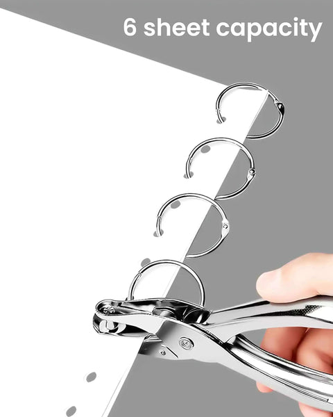 Two Piece Circle Hole Punch Set 1/8 Inch And 1/4 Inch Diameters In Use Punching Paper With 6 Sheet Capacity Displayed