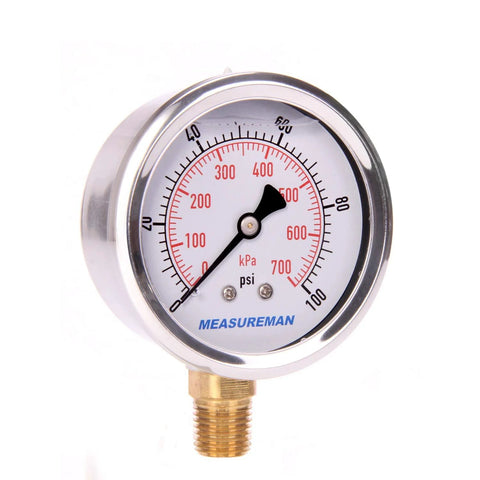 MeasureMan pressure gauge, front view; 2.5 in dial, glycerin-filled, stainless steel case, 1/4 NPT lower mount