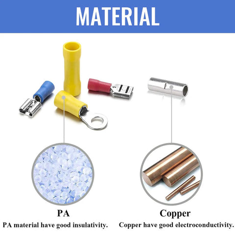 Qibaok insulated wire terminal kit, 1500pcs, copper terminals; ring, butt, spade, fork types in red blue yellow