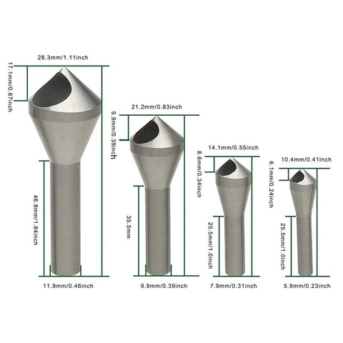 Versatile 4 Piece Countersink Chamfer Tool Set for Metal Wood and Plastic with HSS 4241 Bits, sizes and dimensions labeled