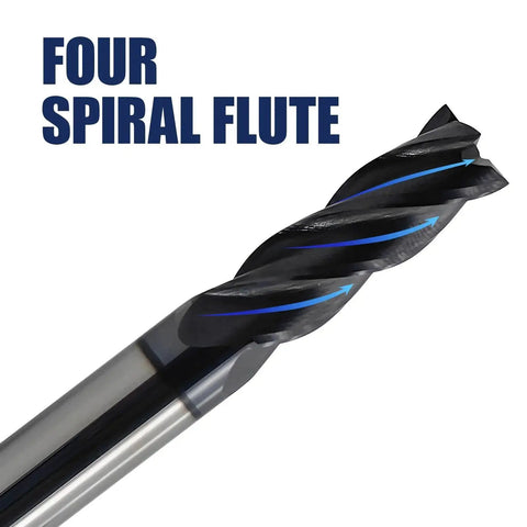 Close-up view of 6 Pcs 1/8 Inch Carbide Square End Mills, 4 Flute TIALN Coated CNC Mill Bits For Steel showing four spiral flute design.