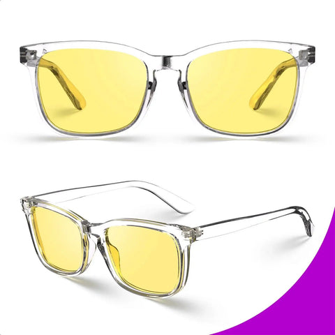 Polarized Night Vision Driving Glasses With Yellow Lens For Men And Women, front and side view showing clear frame and tinted lenses