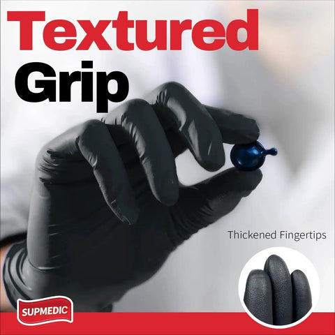 Person wearing Black Nitrile Exam Gloves 5 Mil Powder Free Medical Gloves XL 100 Pcs holding a small blue object
