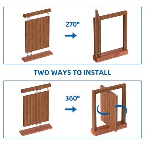 Diagram showing installation of Hidden Door Pivot Hinges Stainless Steel Heavy Duty Hinge Kit for wood doors.
