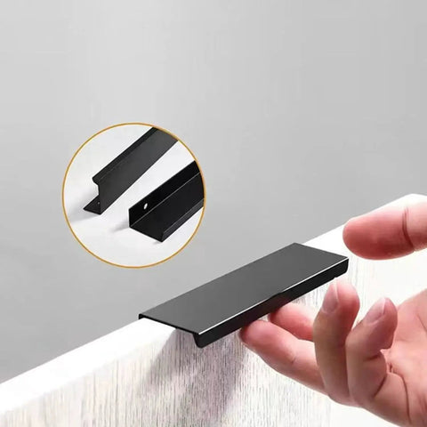 Black Hidden Edge Cabinet Handles 10 Pack for Drawers and Cabinets With Finger Edge Pulls in Space Aluminum shown in use