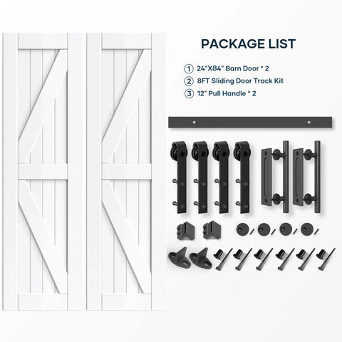 Double 24In By 84In Barn Door Kit With 8Ft Sliding Hardware And Handle Included, DIY Ready, Easy Install, Water-Resistant White K-Frame