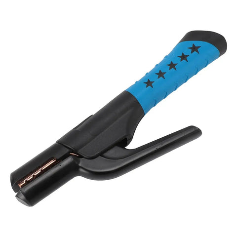 Multi Angle Welding Electrode Holder With Insulated Handle 501A Clamp For Welding Tasks Copper Construction Easy Cable Connection With Wrench Spacer Durable Pro Grade Electrode Clip, side view showing design and insulated handle.