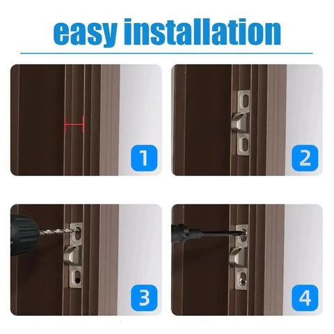 Two Pack Sliding Door Keepers For Glass Doors, Half Inch Door Lock Keepers, Zinc Alloy Construction For Corrosion Resistant Use, Easy installation steps shown on a door frame.