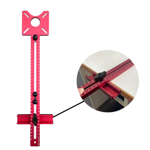 3 In 1 Router Milling Groove Bracket And Circle Cutting Jig for Woodworking, shown in red aluminum alloy, demonstrating circle cut capability.
