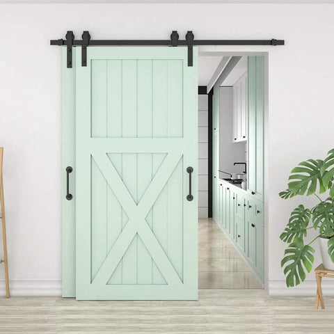 Beefy Barn Door Track Hardware Kit For Single Or Double Doors Bypass Sliding System installed on light green barn doors