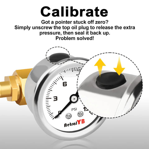 AetralYB inline fuel pressure test kit with glycerin-filled 1-1/2in dial, 0-15 psi, 1/8in NPT gauge, 3/8-5/16 barb.