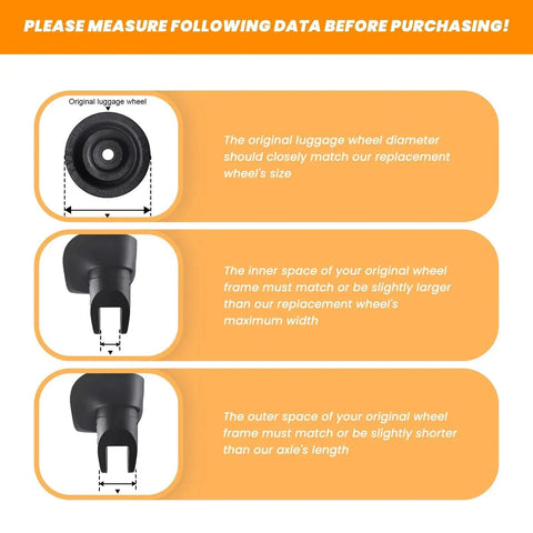 Instructions for measuring luggage wheel dimensions for 2 Pack Perforated 360 Degree Swivel Luggage Wheels Casters Replacement