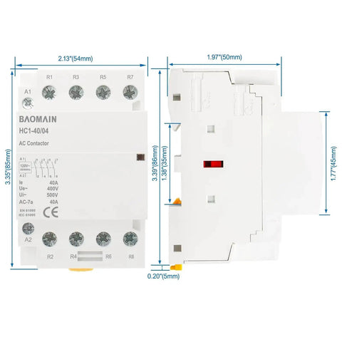 4 Pole Modular Contactor 120V AC 40A Heavy-Duty With 4NC Normally Closed Contacts, DIN Rail Mount, front and side view
