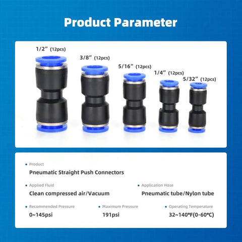 CGELE 60pcs quick-connect air hose fittings kit; black fittings with blue ends, sizes 1/2, 3/8, 5/16, 1/4, 5/32 in.