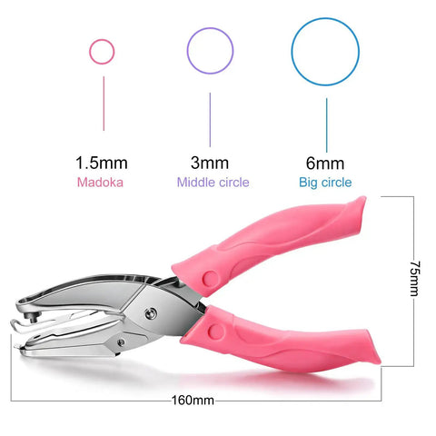 Side view of three piece metal handheld hole punch set with plastic handle, includes different hole diameters for DIY crafts in pink.