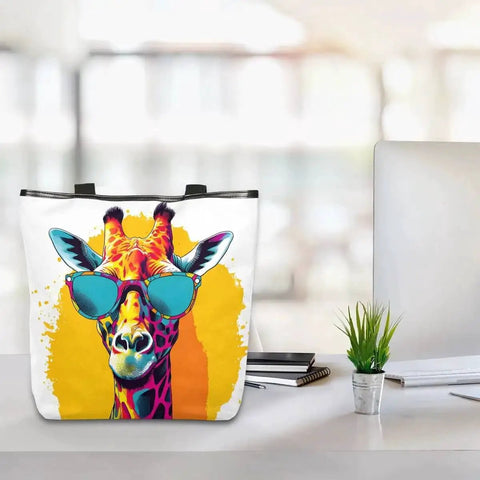 Durable Canvas Tote Bag For Women And Men With Zipper Closure, Reusable Grocery And Shopping Tote, Stylish Shoulder Handbag With Giraffe Print Accent