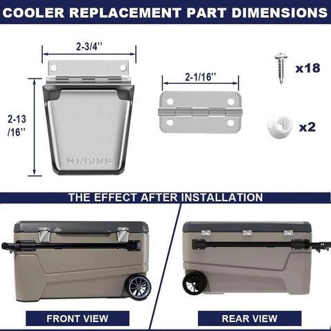 Stainless Steel Cooler Hinge And Latch Set Replacement Parts Kit For Ice Chests includes 3 hinges, 2 latches, and 18 screws.