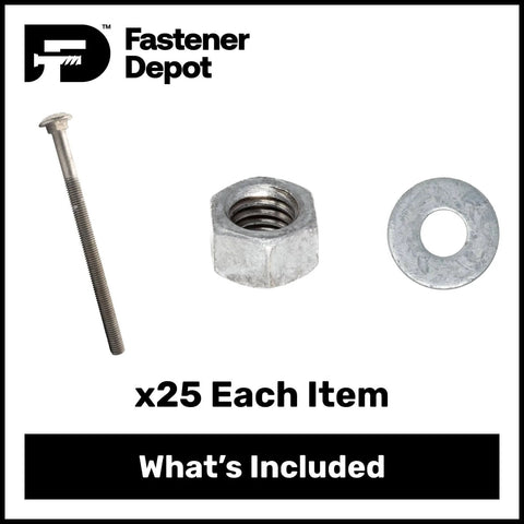 Half Inch Carriage Bolt Kit, 8 Inch Long, 25 Pack, Grade 307A, Hot Dip Galvanized For Exterior Use, includes bolt, nut, washer