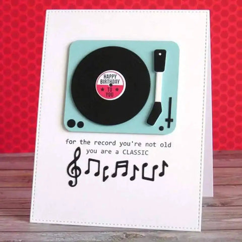 Birthday card with vinyl record design, musical notes, and birthday message, using Music CD Style Clear Stamp And Die Set For Card Making.