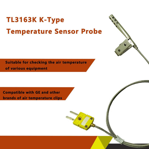TL3163K K-Type temperature sensor probe with stainless steel open-hole clip, braided cable, and yellow connector module