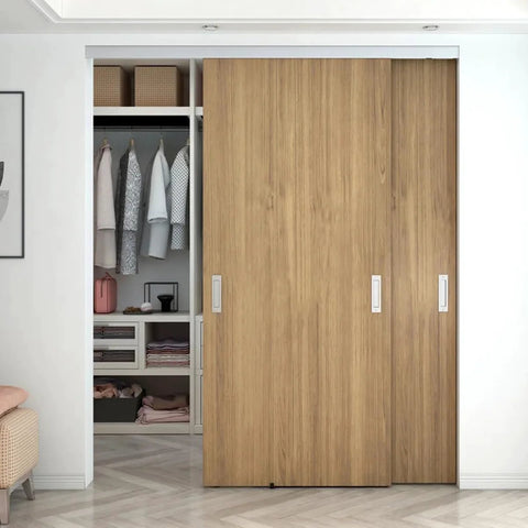 Soft Close Barn Door Slide Hardware Set With 59 Inch Track, Heavy Duty Pocket Door Kit installed on a wooden closet door.