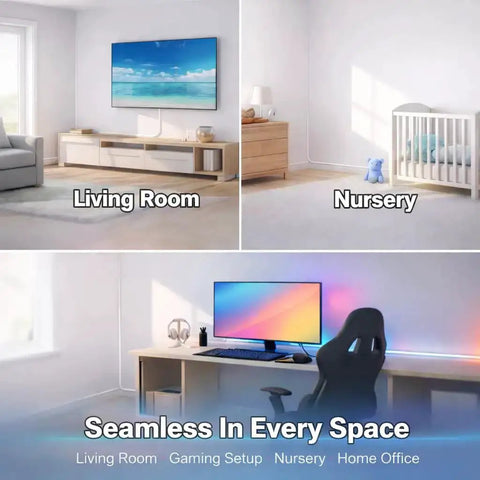 Illustration of Corner Cable Trunking Raceway 192 Inch Paintable Self Adhesive TV Cable Hider in various room settings