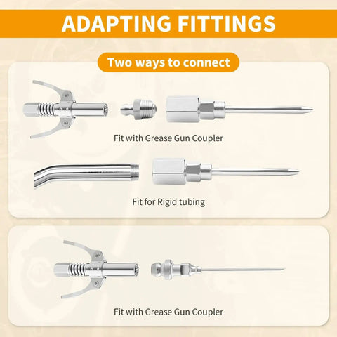 Adapting fittings for grease guns showing connection types with grease gun coupler and rigid tubing