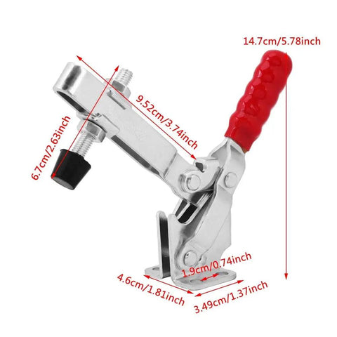 Toggle Clamp Quick Release Jig Clamp For Woodworking And Assembly - Rock Solid, Built To Last, with measurements, close-up view.