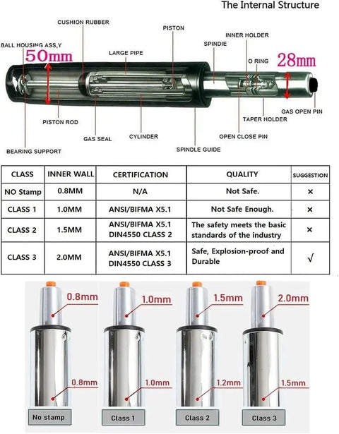 Diagram of tall gas lift cylinder replacement showing internal structure and specifications for drafting chairs and bar stools.