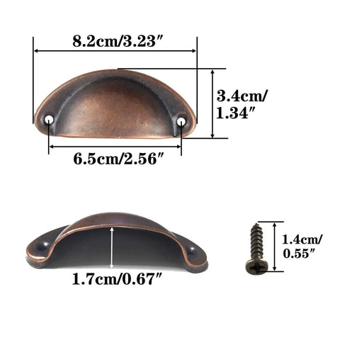 Rustic Copper Half Moon Cabinet Pulls 12 Pack shown with dimensions for kitchen cabinets, dressers, and wardrobes.
