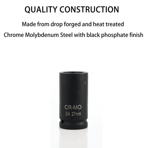 Heavy Duty 27mm 6 Point Impact Socket For Three Quarter Inch Drive Chrome Molybdenum Steel With Black Oxide Finish Built To Last