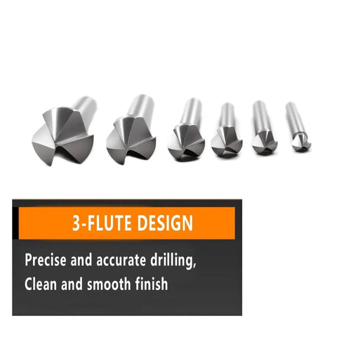 Workhorse Countersink Drill Bit Set For Steel And Wood, 3 Flute 90 Degree HSS Chamfer Bits, Six Piece Kit Display