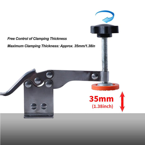 Side view of Stainless Steel Thickened Woodworking Vertical Toggle Clamp With Quick Release, rubber pressure head, clamping mechanism.