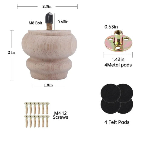2 Inch Wooden Unfinished Bun Feet For Furniture Set Of 4 Pre Drilled M8 Bolts Dresser Couch Sofa Cabinet Ottoman DIY Replacement Smooth Sanded Unpainted Top Diameter 2.3 Inches Bottom Diameter 1.3 Inches with components